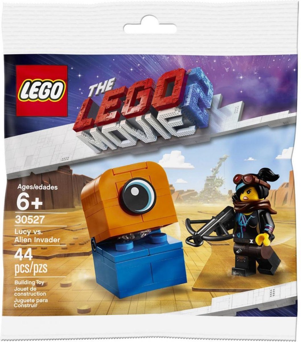 LEGO The LEGO Movie 2 polybag showing Lucy with crossbow facing an orange and blue alien invader. Set 30527, 44 pieces.