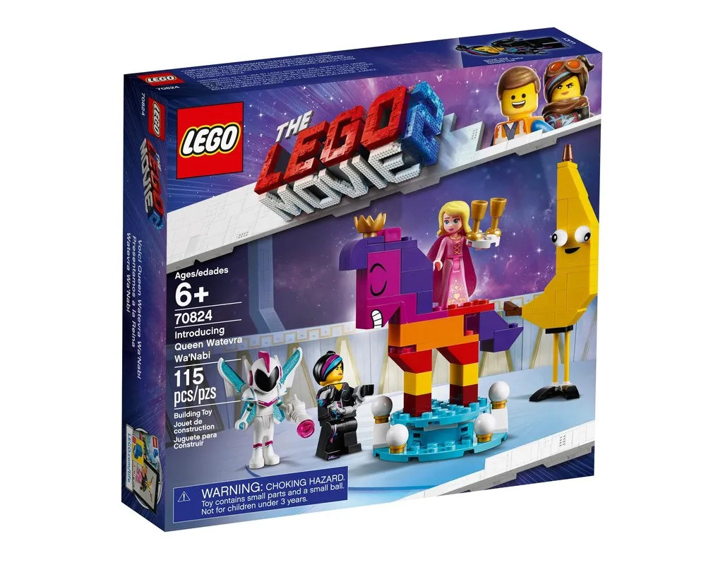 LEGO The LEGO Movie 2 set 70824 box showing Queen Watevra Wa'Nabi horse, Sweet Mayhem, Lucy, and a banana character.