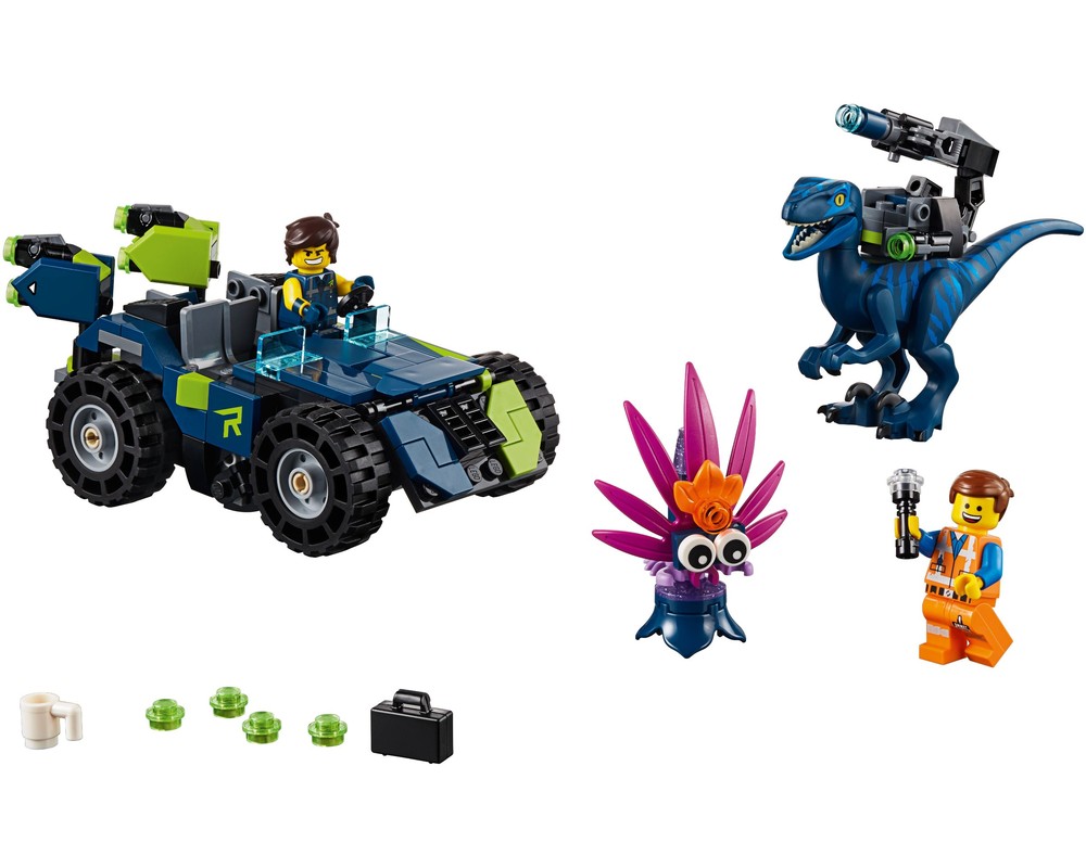 LEGO The LEGO Movie 2 70826 Rex's Rex-treme Offroader set: Blue offroader with Rex, blue raptor with blaster, plant, Emmet, accessories.