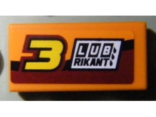 Orange LEGO 1x2 tile, sticker with yellow number 3 and 'LUBRIKANT' logo with oil drops on a dark red background.