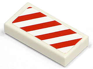 LEGO off-white 1x2 tile with a red and white diagonal stripes pattern, angled from top-left to bottom-right.