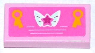 Light pink LEGO 1x2 tile with a magenta star on white butterfly wings and two yellow award ribbons pattern.