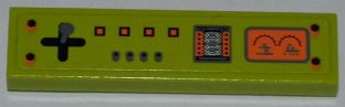 Lime green LEGO 1x4 tile featuring a control panel pattern with a black D-pad, orange square buttons, and display graphics.
