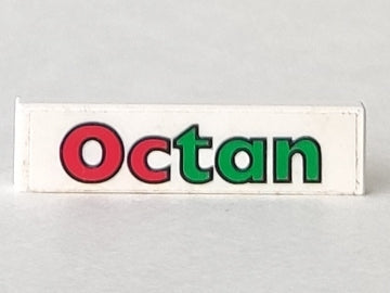 White LEGO 1x4 tile with 'Octan' pattern. The letters 'Oc' are red, and 'tan' are green.