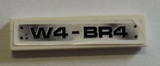 White LEGO 1x4 tile with 'W4-BR4' sticker pattern, featuring a halftone background and rivet-like dots.