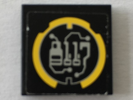 Black LEGO 2x2 tile with yellow circle and stylized silver '8117' circuit pattern, as seen in set 8117.
