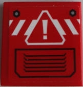 Red LEGO 2x2 tile with a white danger sign (exclamation mark in triangle), white danger stripes, and a black vent pattern.