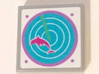 A LEGO 2x2 tile featuring a dark pink dolphin on a medium azure radar pattern with a green line, depicting a sticker design.
