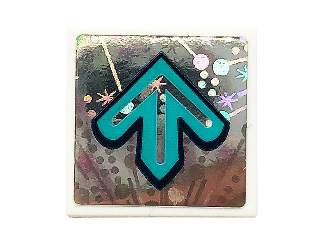 Close-up of a white LEGO 2x2 tile with a holographic sticker featuring an upward-pointing medium azure arrow outlined in black.