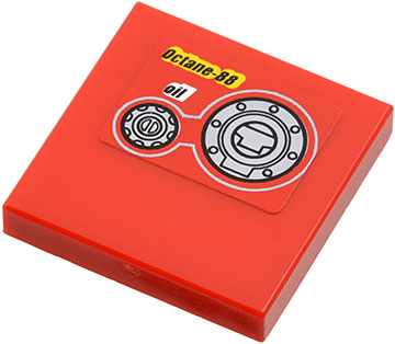 Red LEGO 2x2 tile with sticker featuring 'Octane-88', 'oil' text, and two filler cap patterns.