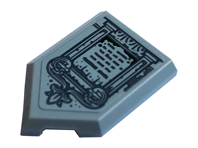 Light bluish gray LEGO 2x3 pentagonal tile with dark gray tombstone pattern. Part 22385pb200 from set 70420.