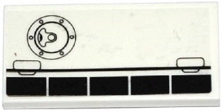 White LEGO 2x4 tile with a pattern of an airplane's fuel filler cap and five black flaps, depicting a left side panel.
