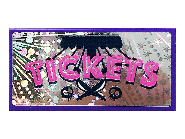 LEGO 2x4 tile with 'TICKETS' in pink, black skulls, sabers, and holographic background with purple border.