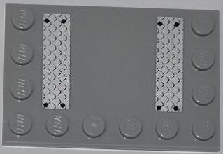 Gray LEGO 4x6 modified tile with studs on edges and two vertical silver tread plate patterns with black dots.