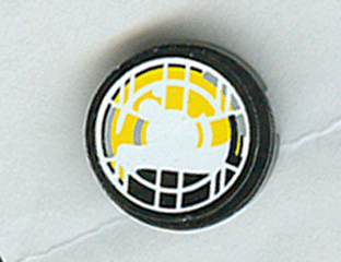 Round 2x2 black-rimmed LEGO tile with a white globe grid and a yellow headlamp pattern sticker.
