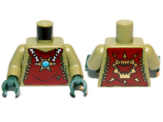 LEGO sand green torso with dark red vest print, star necklace with blue jewel, and bone details on front. Back has gold crocodile jaws pattern. Dark green hands.