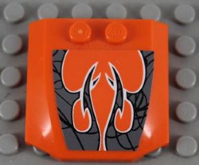 Orange LEGO 4x4x2/3 triple curved wedge with black and silver abstract claw pattern over grey spiderweb design.