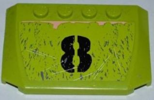 Lime green LEGO 4x6x2/3 triple curved wedge piece with black '8' print, scratches, rust pattern, and pink wavy line.