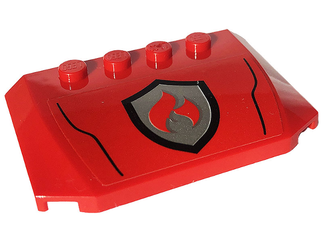 Red LEGO Wedge 4x6x2/3 Triple Curved with Silver and Red Fire Logo Badge and Black Lines pattern.