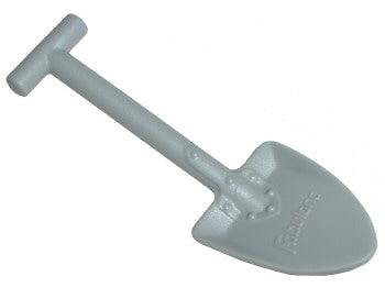 Light grey plastic LEGO Fabuland utensil shovel with a T-handle and an embossed Fabuland logo on the blade.