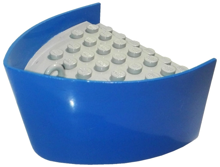 Blue LEGO boat hull part x145c01 with a smooth bow, light gray studded deck, and a small ring.