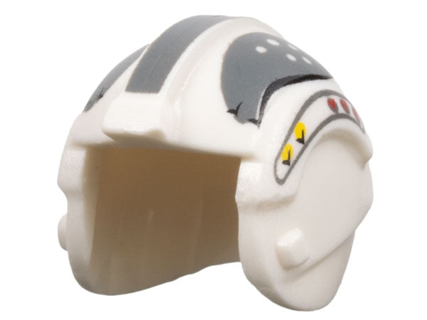 A white LEGO minifigure Rebel Pilot helmet with dark bluish gray, yellow, and red curved patterns.