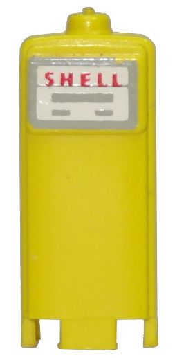 Yellow LEGO HO scale accessory petrol pump with red 'SHELL' on white sticker, gray edge and lines.