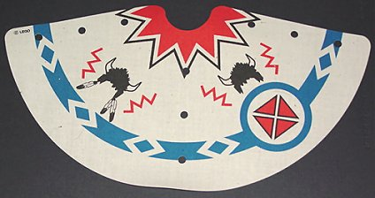 White LEGO cloth tepee cover with Native American-inspired buffalo helmets, feathers, and geometric patterns in red, blue, black.