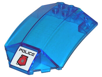 Transparent blue LEGO 8x6x2 curved windscreen with sloped sides, 'POLICE' sticker, and Space Police 3 badge.