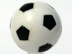 Close-up of a white LEGO sports soccer ball, part x45pb03, featuring the classic black pentagon pattern.