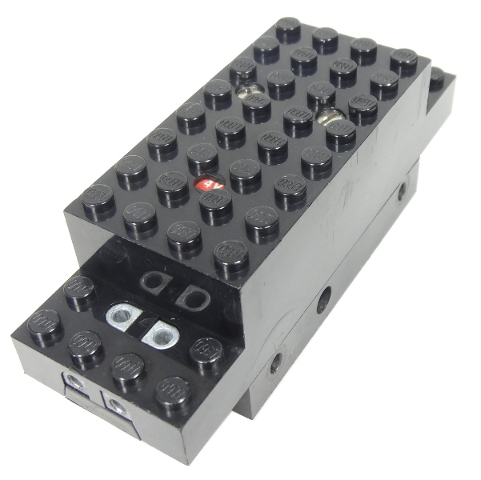 Black LEGO 4.5V Type C motor (12x4x3 1/3) with a red '4V' label and silver electrical connectors.