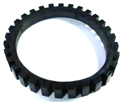 Close-up of a black LEGO x486 tread with 30 angular teeth, forming a circular band against a white background.