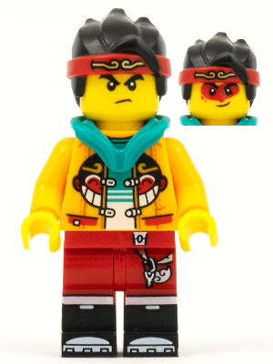 LEGO Minifigure mk028 - Monkie Kid - Fel lichtoranje open jas met apenkoplogo, donkerturquoise capuchon, boze/lachende gezichtsuitdrukking met rode gezichtsverf