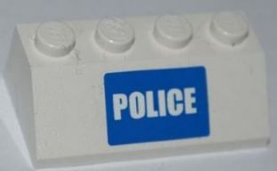 White LEGO Slope 45 2 x 4 brick with a blue sticker displaying 'POLICE' in white text, part of Set 7285.