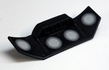 Black LEGO Technic Panel Car Spoiler 3x8 with three holes and four circular stadium light sticker patterns on the inside.
