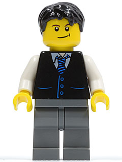 LEGO Minifigure twn049 - Black Vest with Blue Striped Tie, Dark Bluish Gray Legs, White Arms, Black Short Tousled Hair