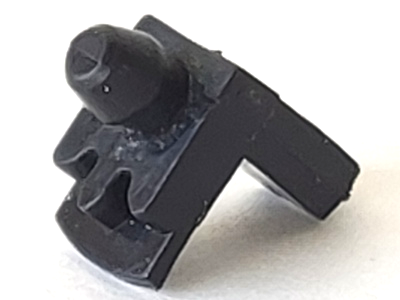 Close-up of a black plastic vehicle tractor chassis end steering link with a unique fastening shape on a white background.