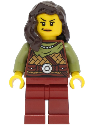 LEGO Minifigure vik041 - Viking Warrior - Female, Leather Armor, Dark Red Legs, Dark Brown Hair